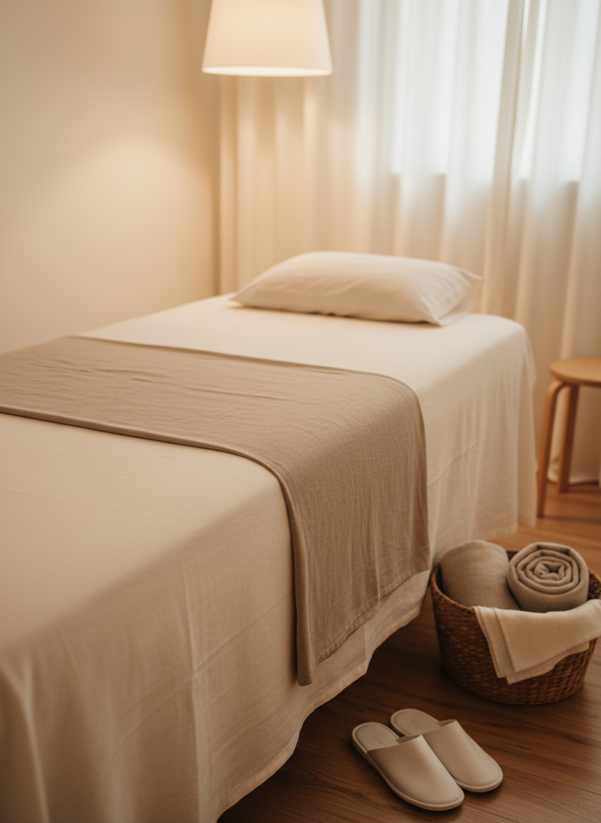 A close-up, photographic realistic view of an acupuncture treatment bed prepared for a session, covered in a smooth, off-white cotton sheet with a neatly placed light brown linen blanket folded halfway. At the foot of the bed, a wicker basket holds a rolled blanket and a simple pair of cotton room slippers. The surrounding space hints at a small private room, with a soft-focus view of a floor-length curtain and a wooden stool. Gentle, warm-toned overhead lighting, softened by a fabric shade, creates an even glow without harsh contrasts. Shot from a slightly elevated, diagonal angle to show the full length of the bed. The atmosphere is quiet, intimate, and reassuring, ideal for a one-on-one women’s acupuncture clinic.