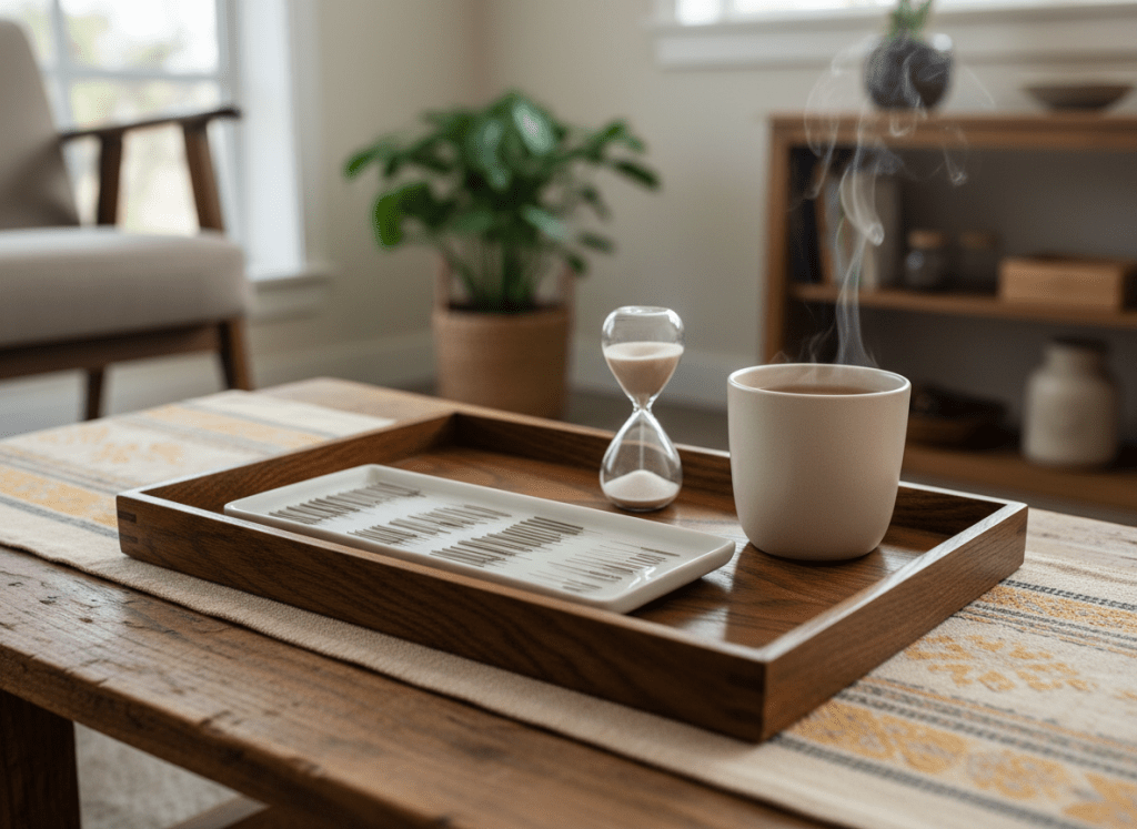 A close-up of a polished wooden tray on a low table, holding an organized set of silver acupuncture needles in a white ceramic dish, beside a small sand-colored hourglass and a steaming cup of herbal tea in a matte cream mug. The tray sits on a linen runner in warm neutral tones, with a softly blurred background hinting at a tranquil treatment room. Soft afternoon light from a nearby window casts gentle highlights on the needles and delicate reflections on the ceramic surface. Photographic realism, captured from a slightly elevated angle, emphasizing detail and texture. The atmosphere is calm, precise, and reassuring, suggesting careful, attentive acupuncture treatment in a private space.