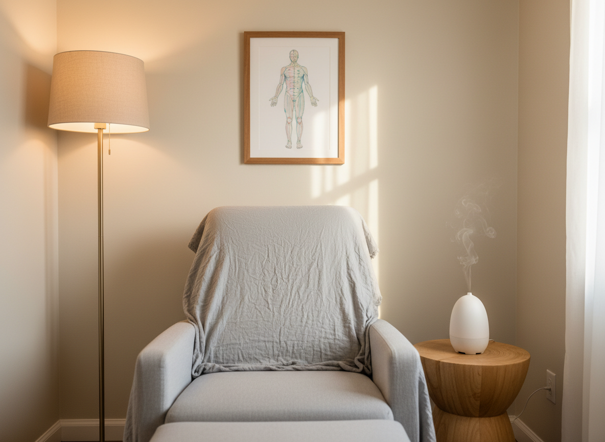 A tranquil corner of an acupuncture clinic featuring a simple reclining treatment chair draped with a light gray cotton blanket, next to a small wooden side table holding a minimalist ceramic aroma diffuser releasing a faint mist. Behind, a pale wall displays a single framed watercolor illustration of the human meridian lines in soft pastel colors. Warm, indirect lighting from a shaded floor lamp blends with faint natural daylight, creating a gentle, soothing glow and soft-edged shadows. Photographic realism with a balanced, symmetrical composition at eye level, sharp focus throughout. The scene feels intimate, safe, and unhurried, reflecting a women-led, one-on-one acupuncture practice offering both physical and emotional relaxation.